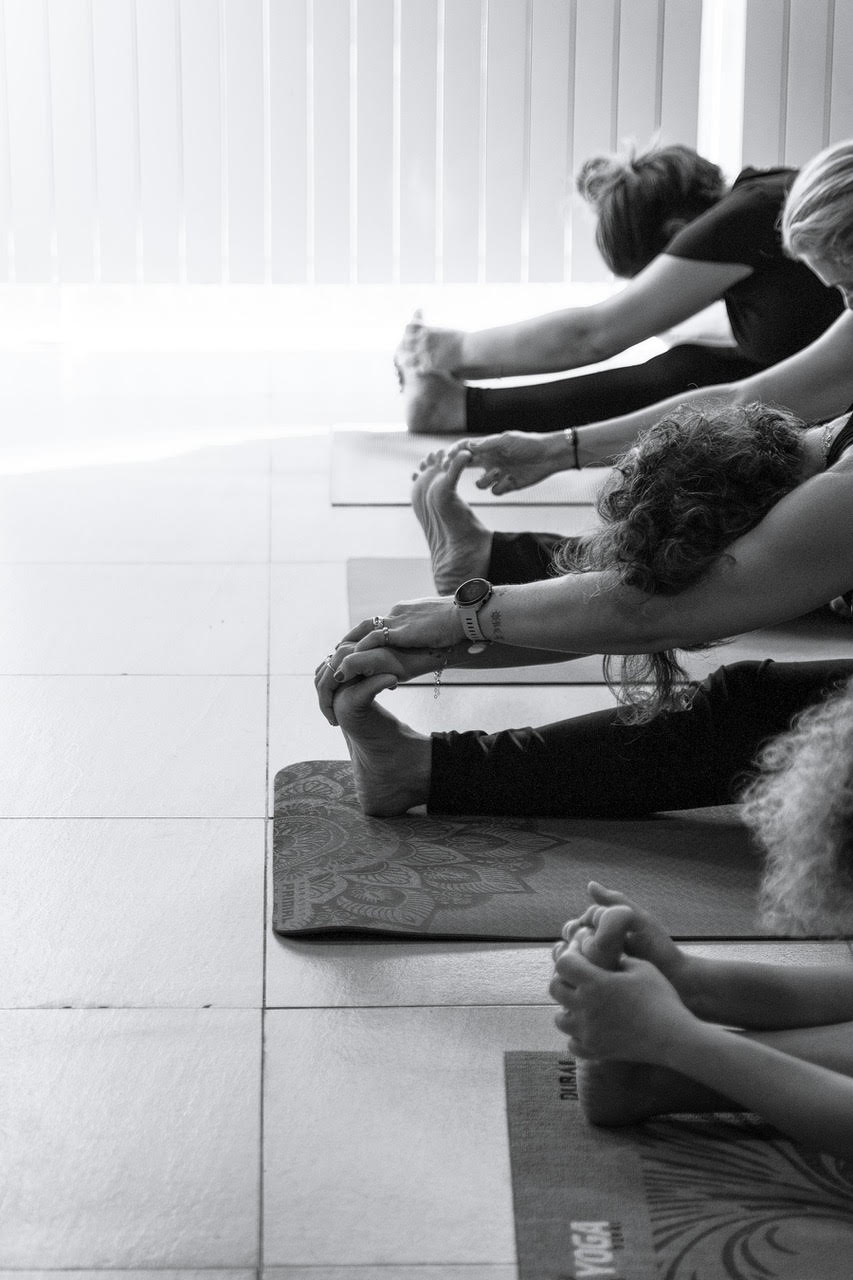 A row of older adults stretching forward on their mats in a gentle exercise class